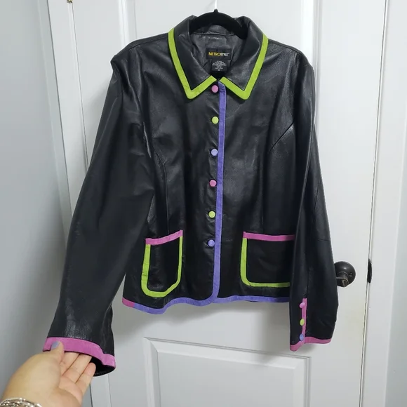 METROSTYLE Leather Jacket with Colorful Trim and Buttons - Picture 2 of 9